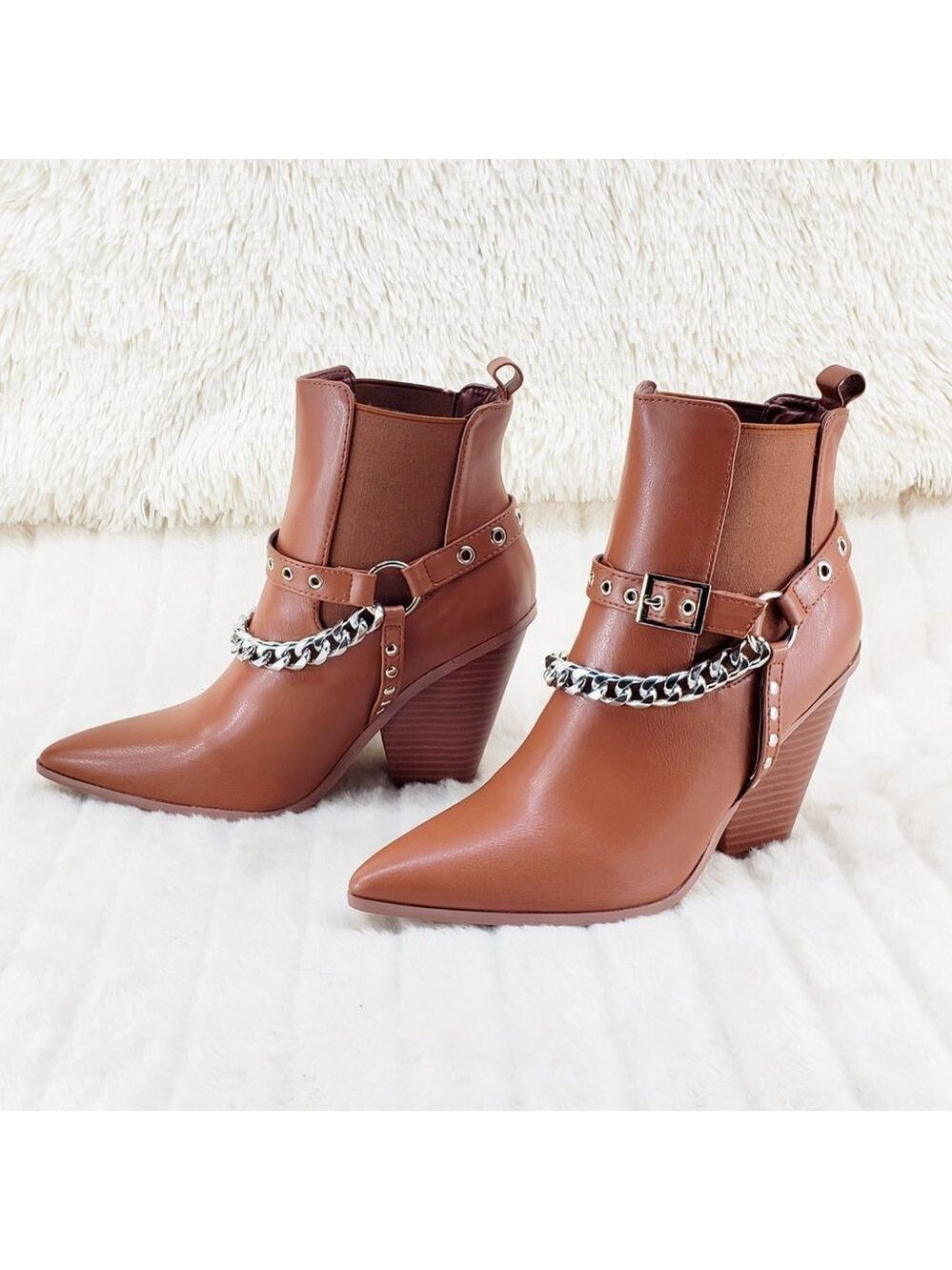 Demitri Tan Western Cowgirl Cowboy Pull On Elastic Panel Ankle Boots - Picture 5 of 11